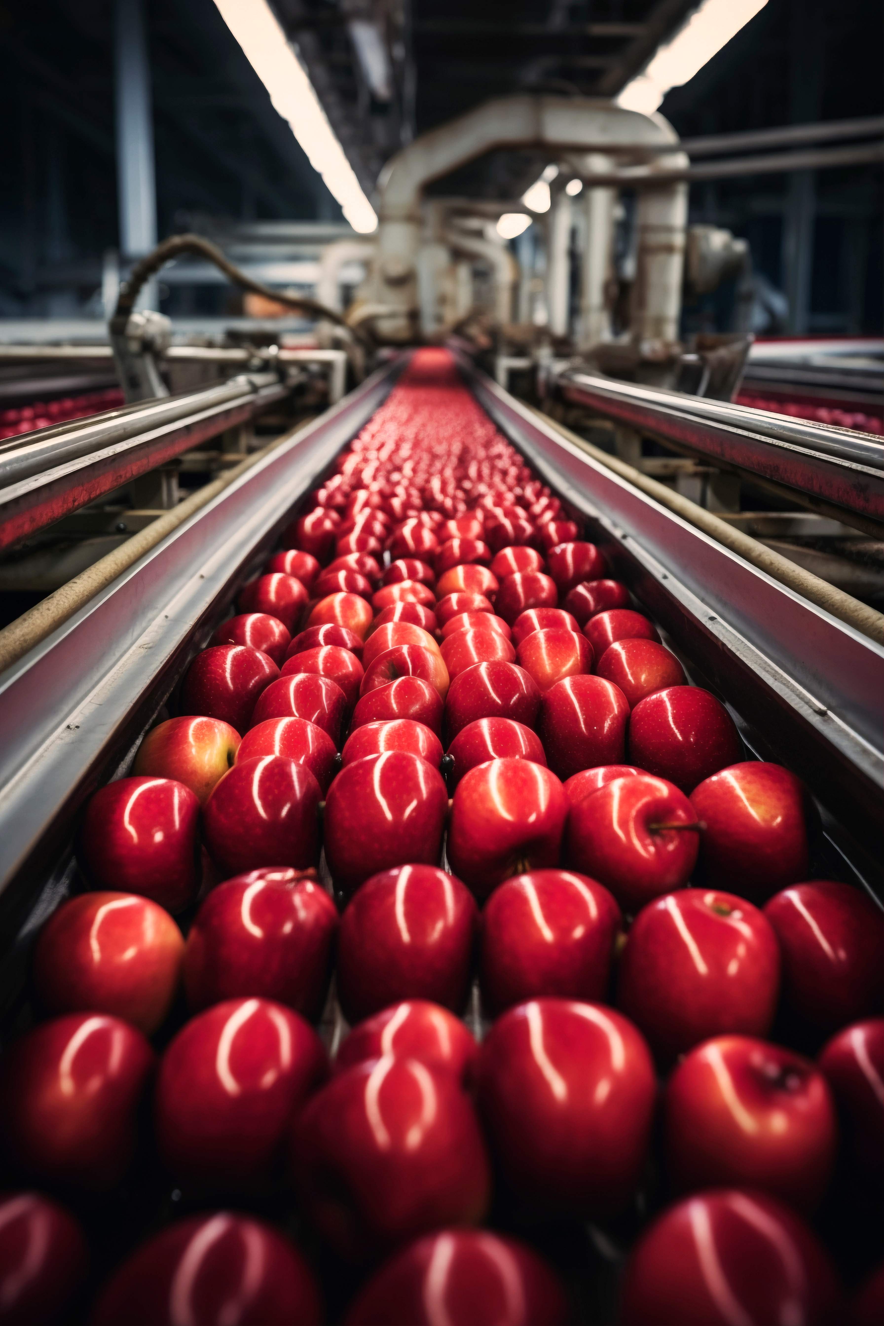 Food processing facility with apples on conveyor belt